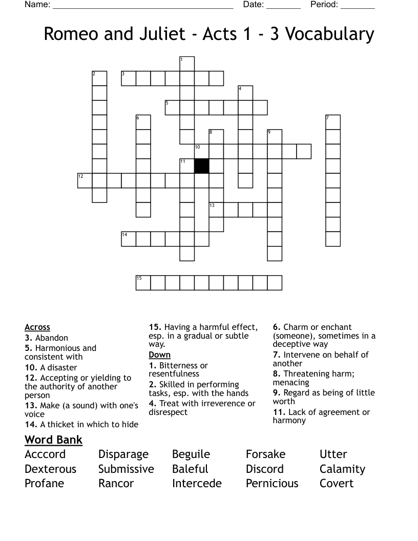 Romeo and Juliet - Acts 1 - 3 Vocabulary Crossword