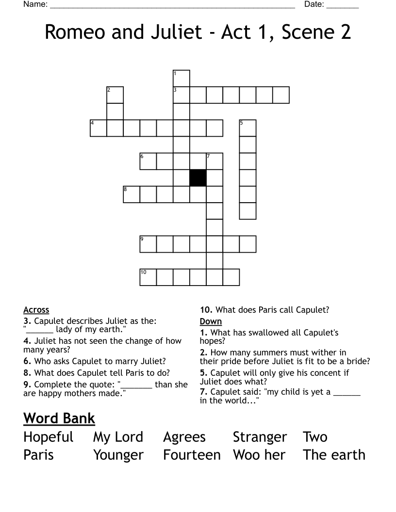 Romeo and Juliet  - Act 1, Scene 2 Crossword
