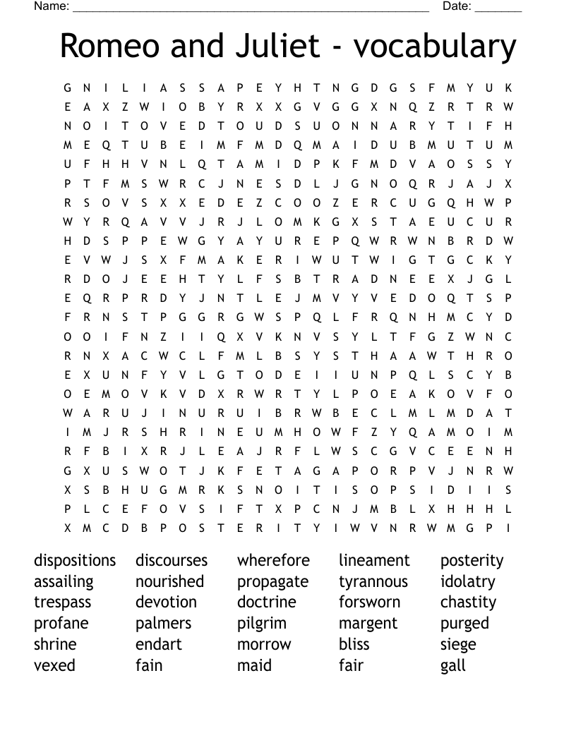 Romeo and Juliet - vocabulary Word Search