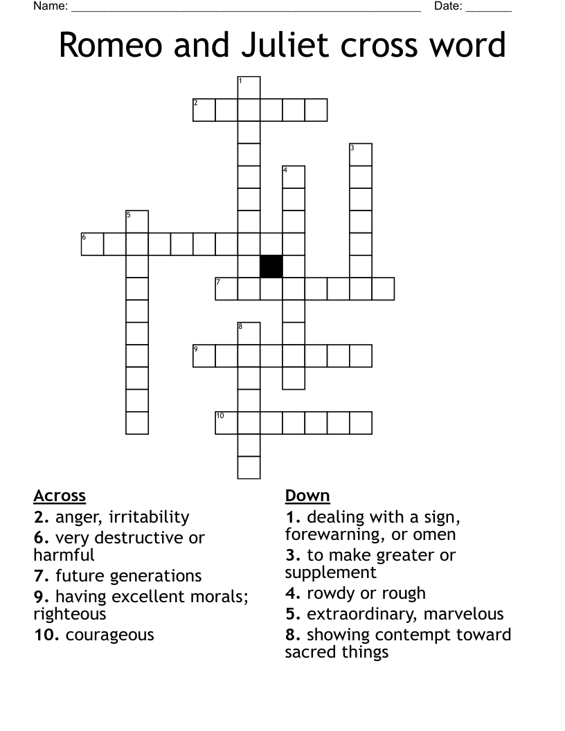 Romeo and Juliet cross word