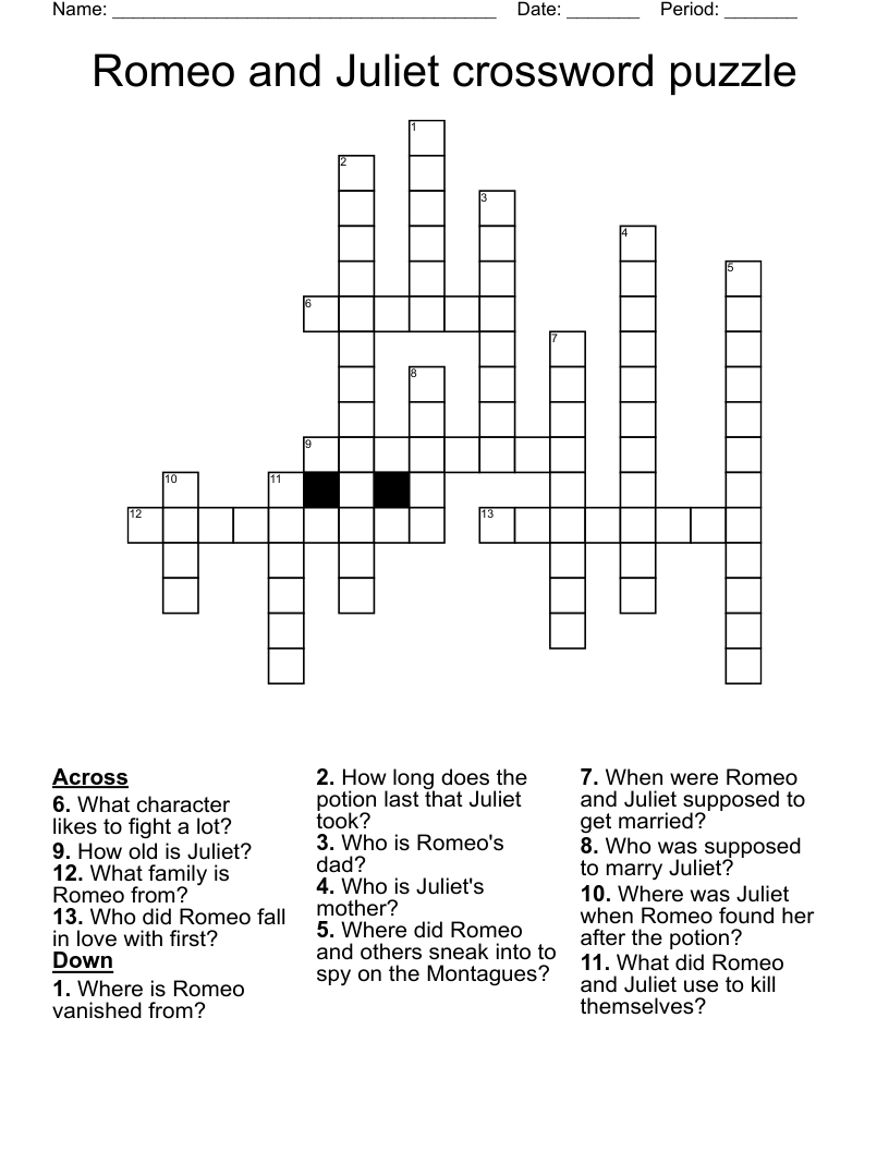 Romeo and Juliet crossword puzzle