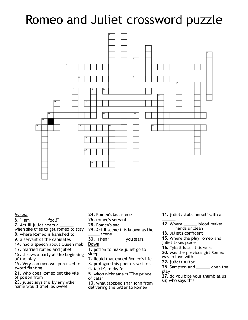 Romeo and Juliet crossword puzzle