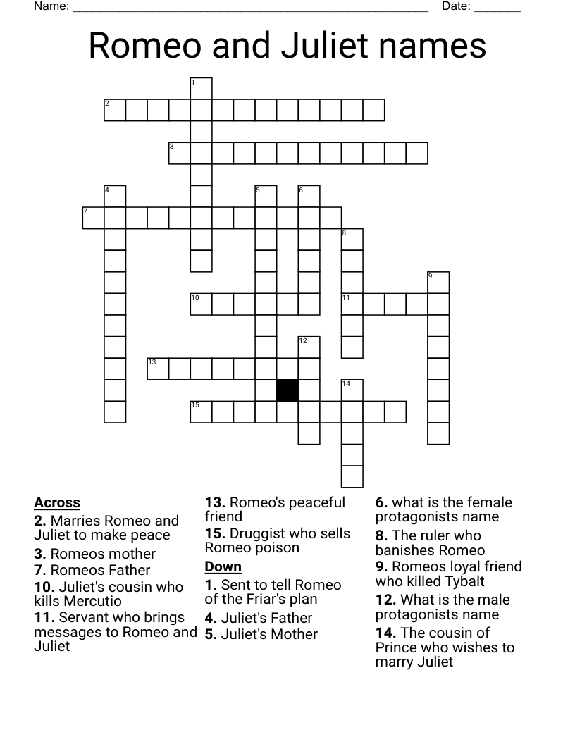 Romeo and Juliet names Crossword