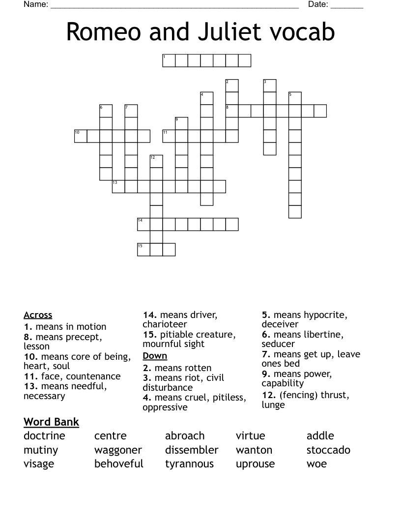 Romeo and Juliet vocab Crossword