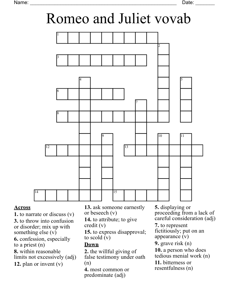 Romeo and Juliet vovab Crossword