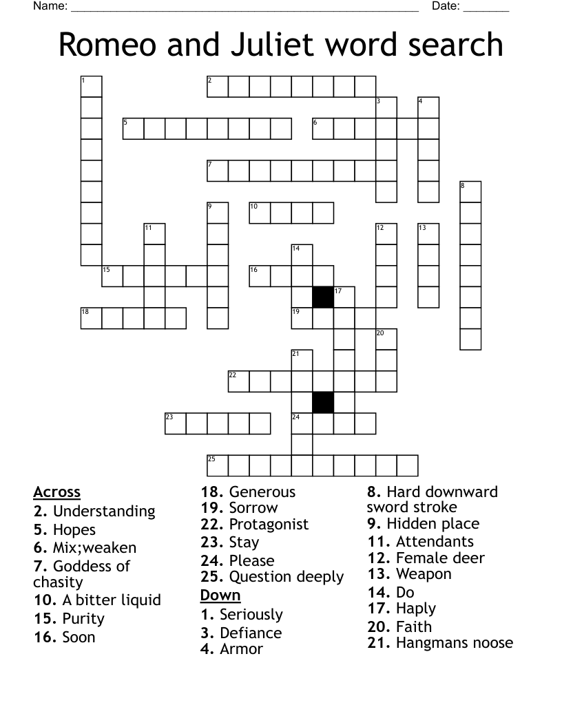Romeo and Juliet word search Crossword