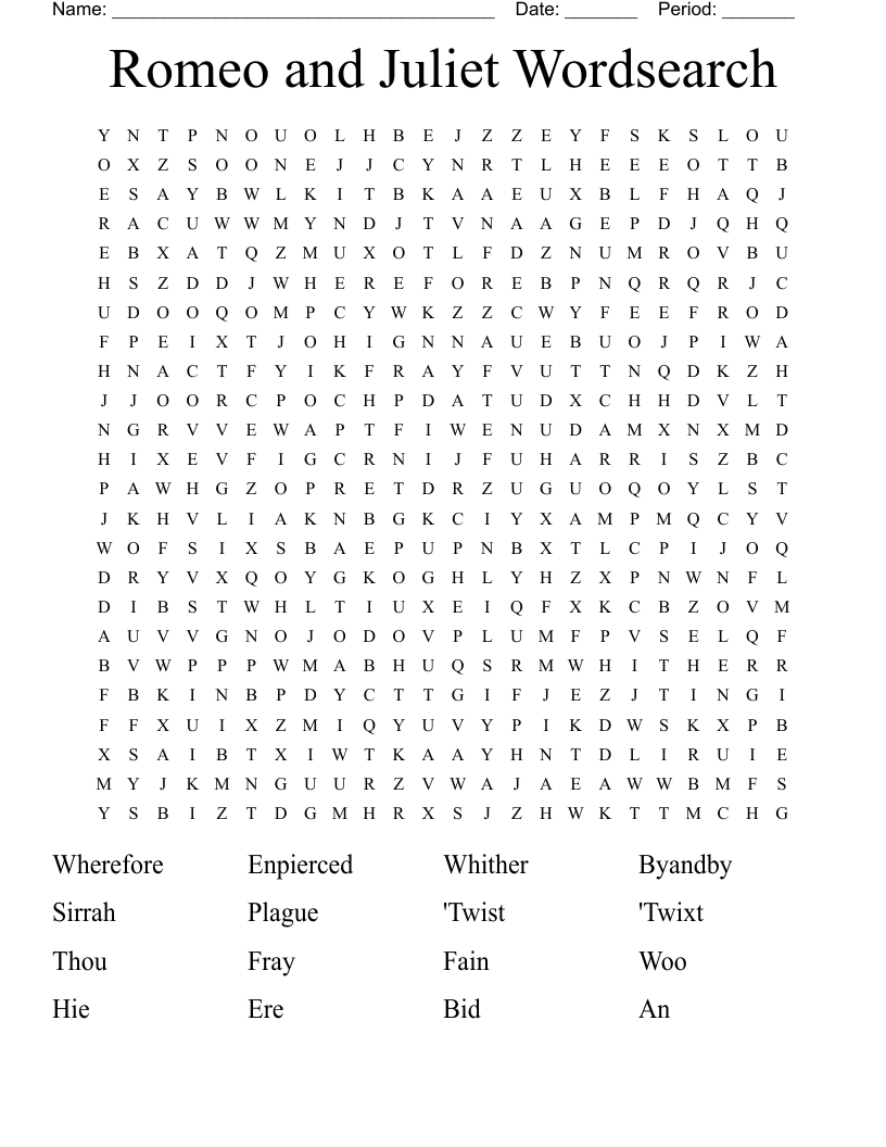 Romeo and  Juliet Wordsearch 
