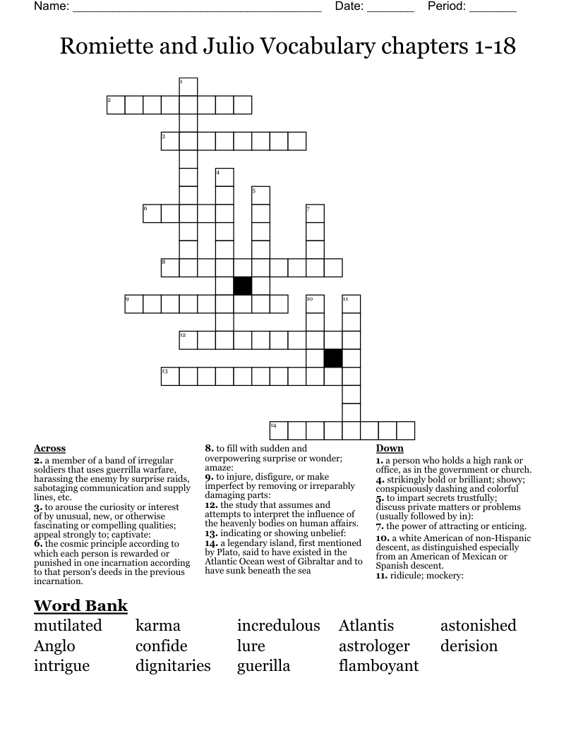 Romiette and Julio Vocabulary chapters 1-18 Crossword