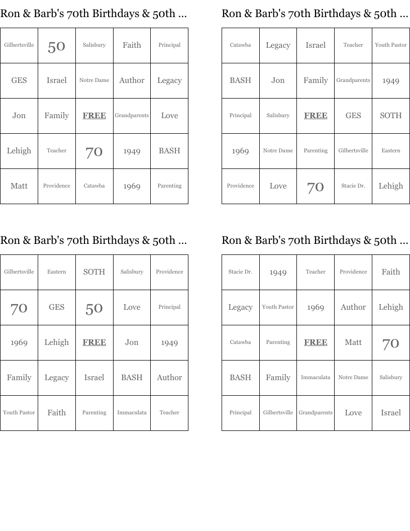 Ron & Barb's 70th Birthdays & 50th Anniversary Bingo Cards