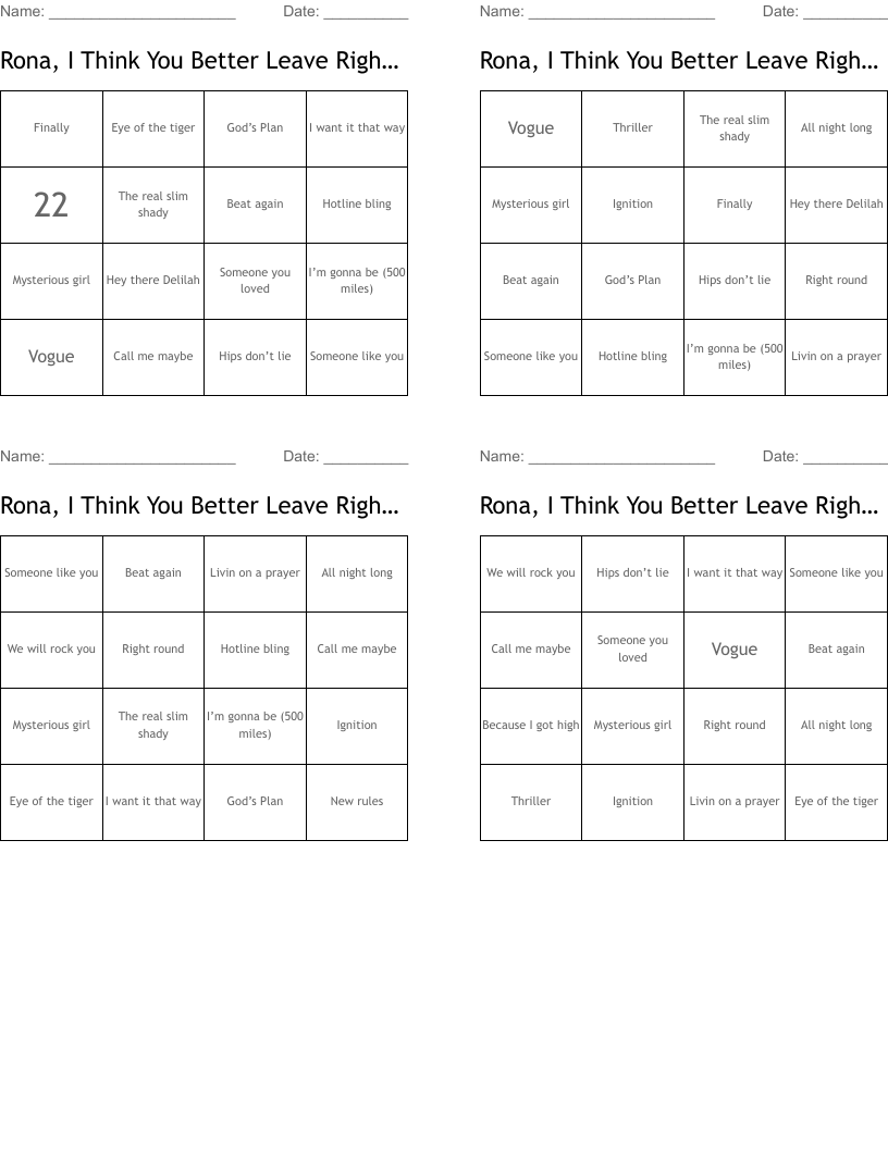 Rona, I Think You Better Leave Right Now Bingo Cards