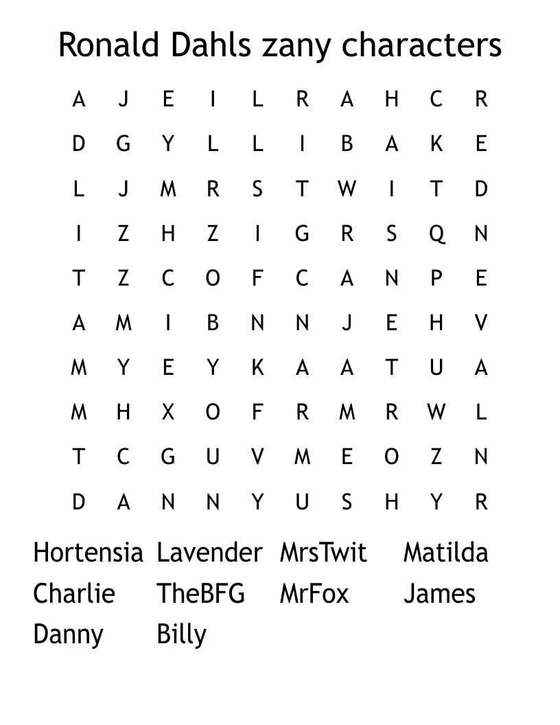 Ronald Dahls zany characters Word Search