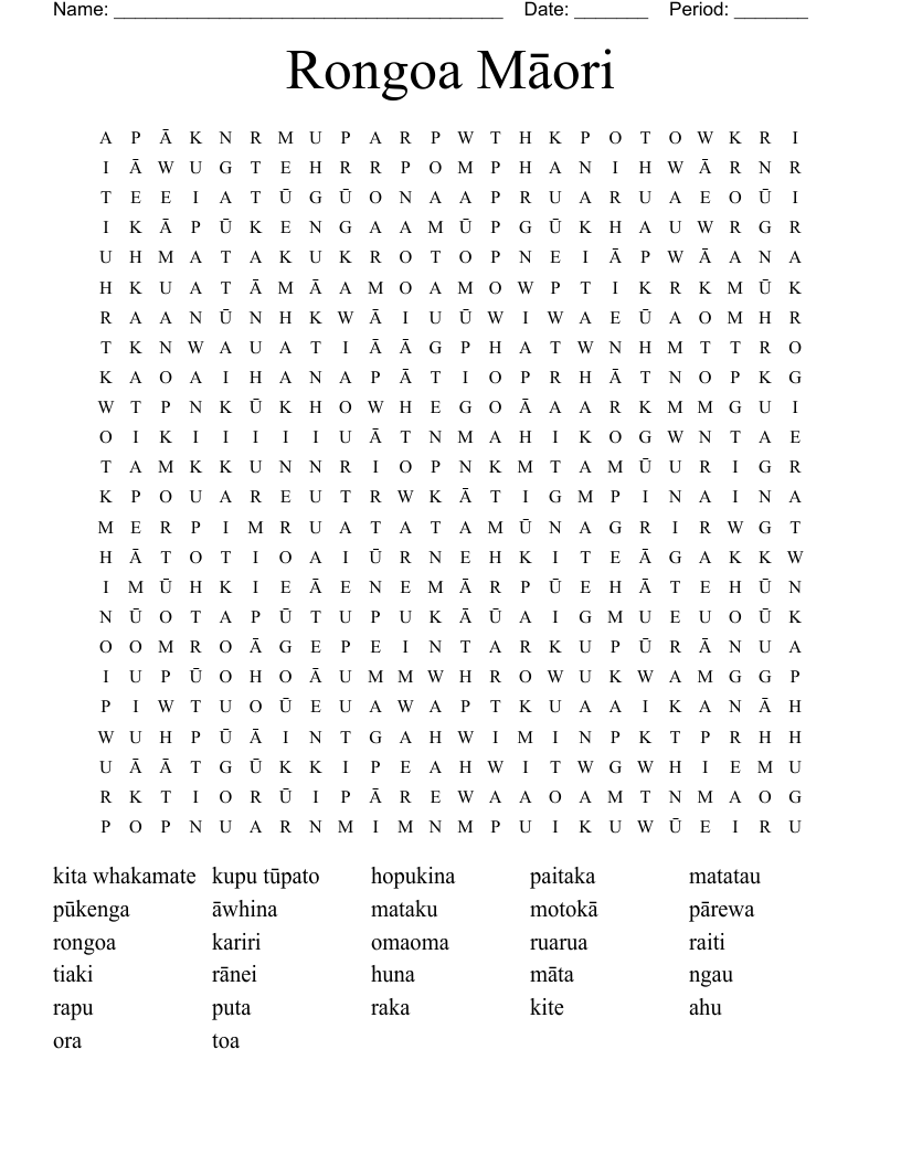 Rongoa Māori Word Search