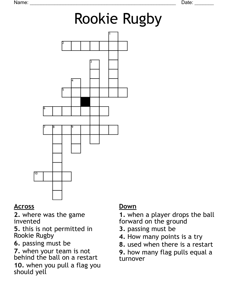 Rookie Rugby Crossword
