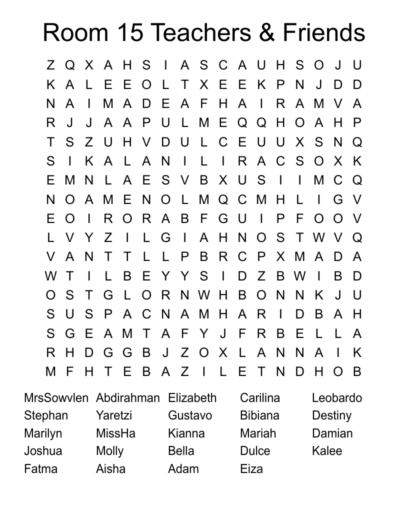 Room 15 Teachers & Friends Word Search