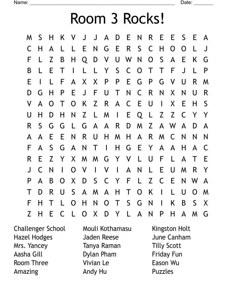 Room 3 Rocks! Word Search