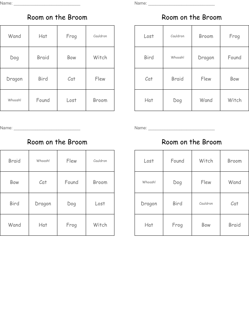 Room on the Broom Bingo Cards