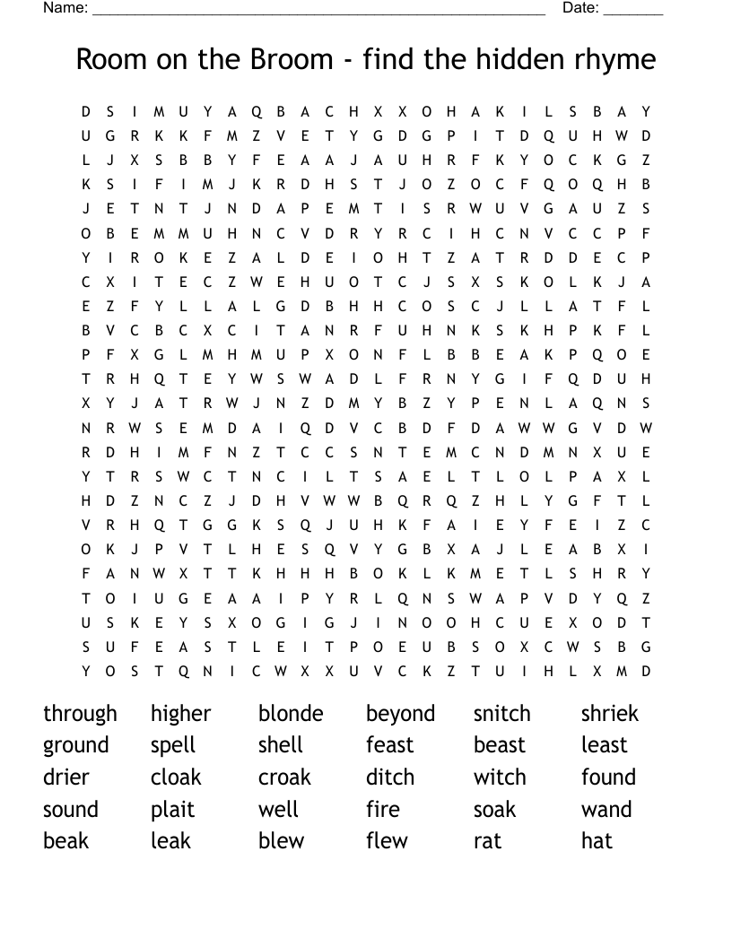 Room on the Broom - find the hidden rhyme Word Search