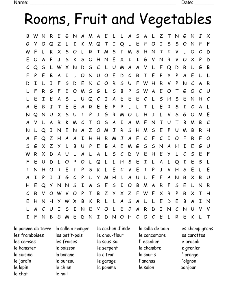 Rooms, Fruit and Vegetables Word Search