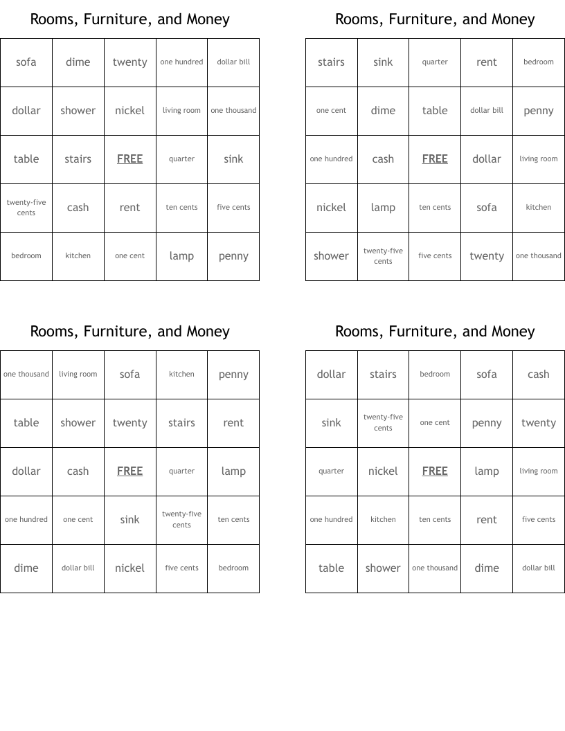 Rooms, Furniture, and Money Bingo Cards
