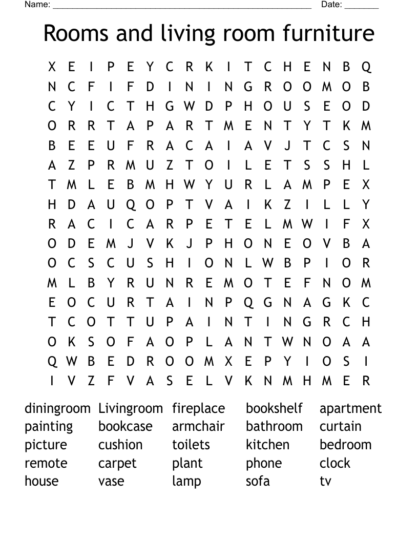 Rooms and living room furniture Word Search