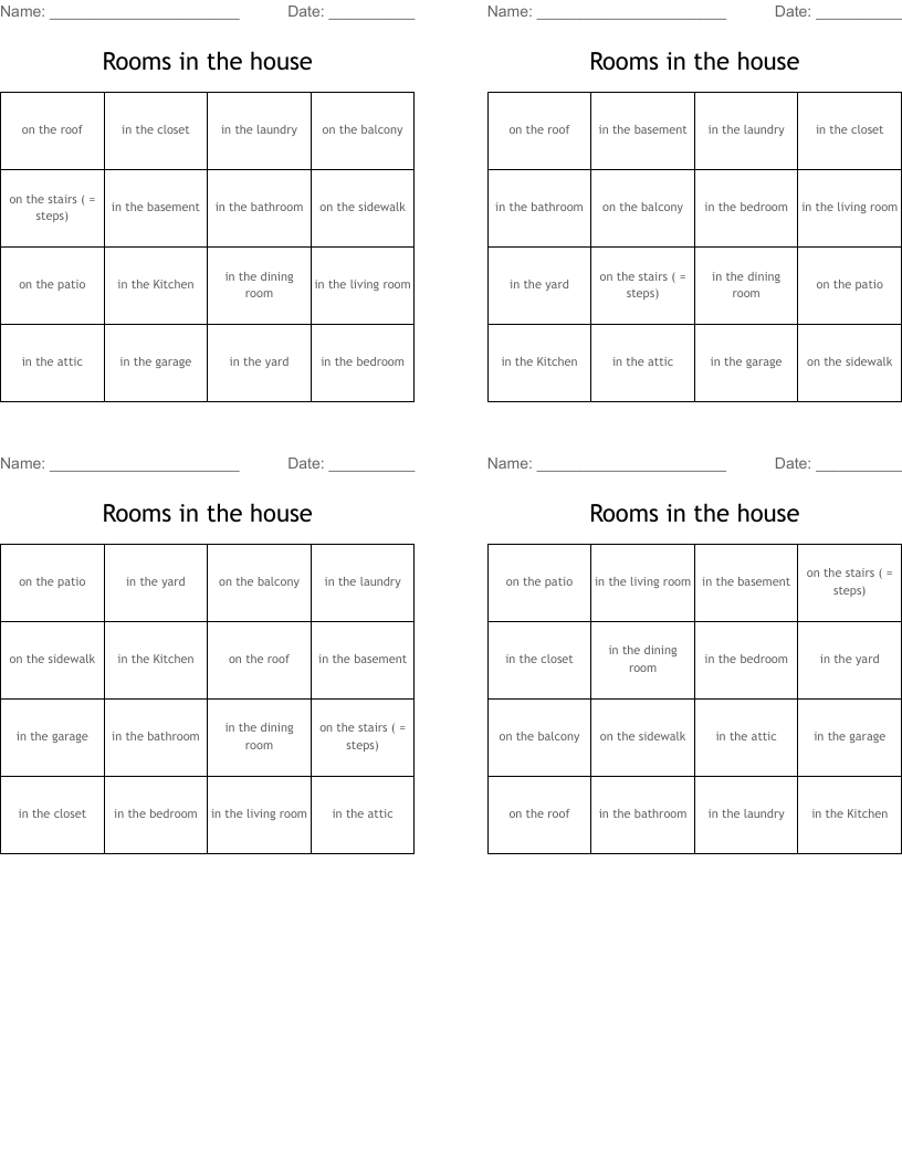 Rooms in the house Bingo Cards