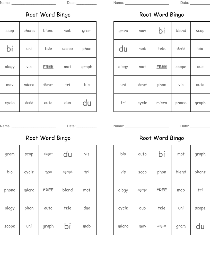 Root Word Bingo