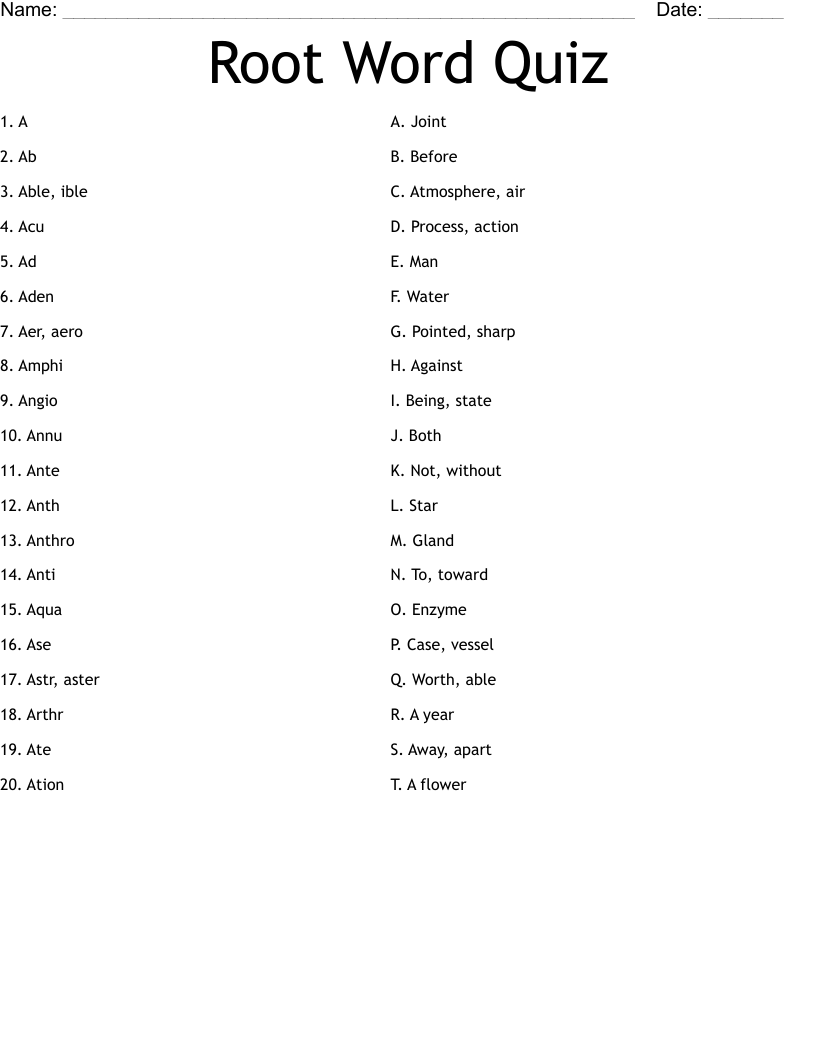 Root Word Quiz Worksheet