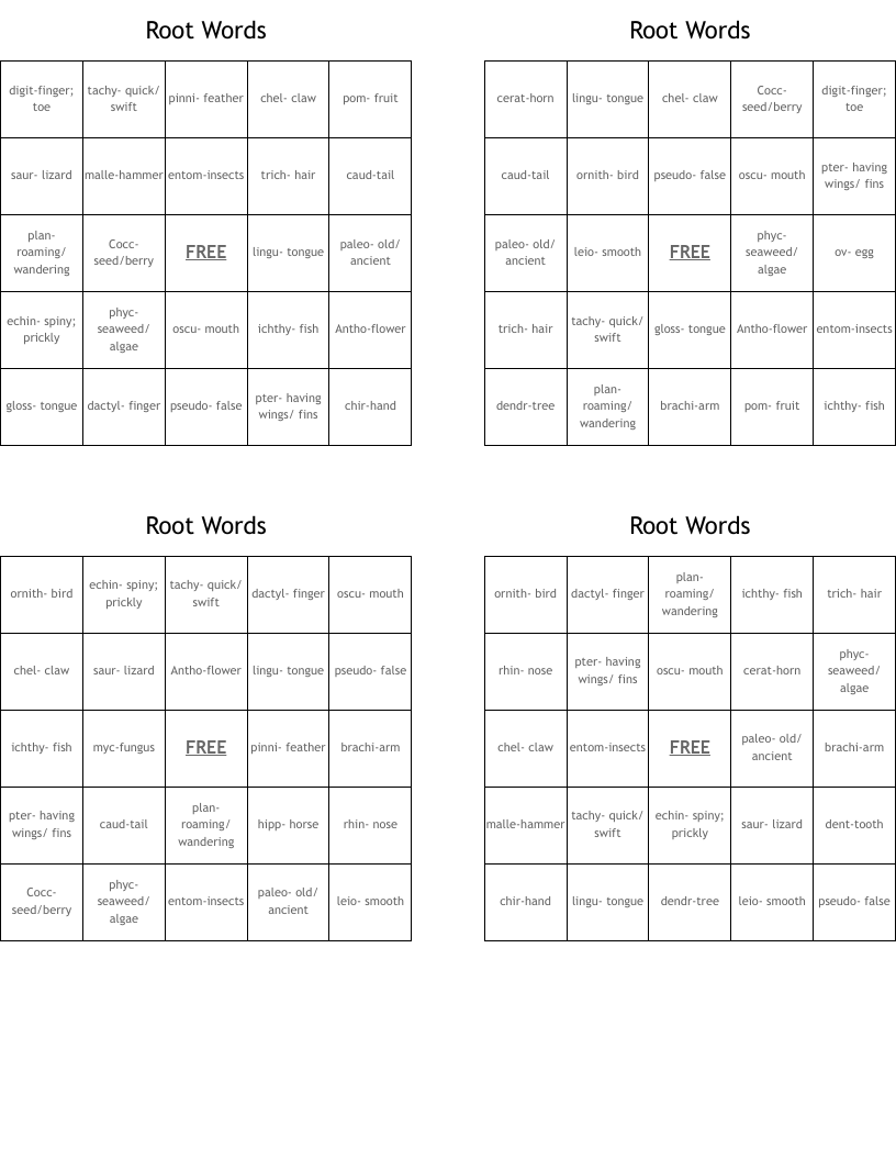 Root Words Bingo Cards
