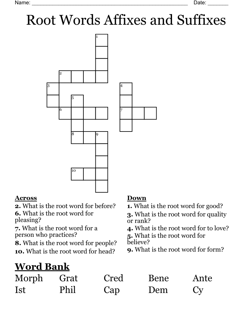 Root Words Affixes and Suffixes Crossword