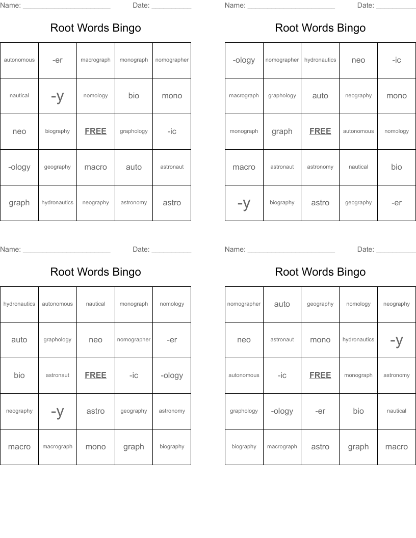 Root Words Bingo