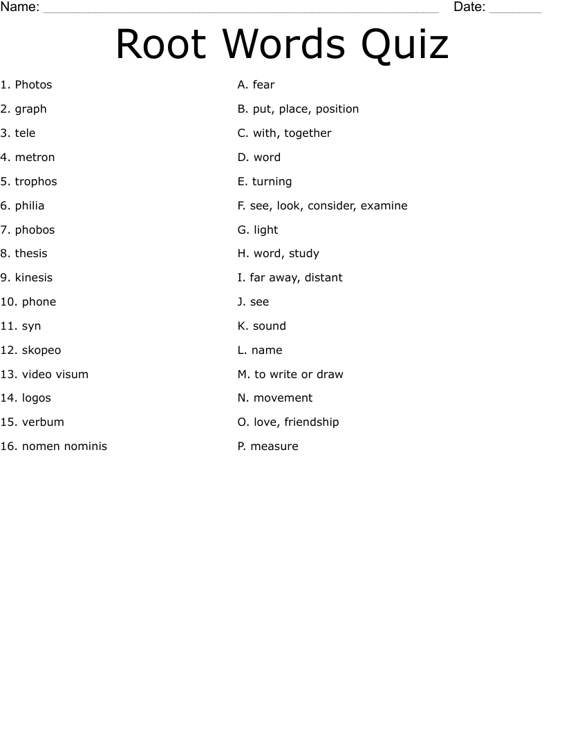 Root Words Quiz Worksheet