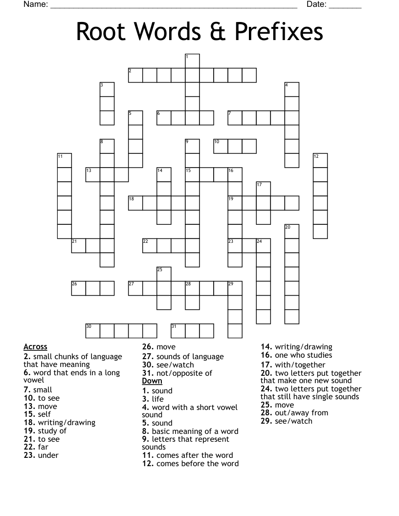 Root Words & Prefixes Crossword