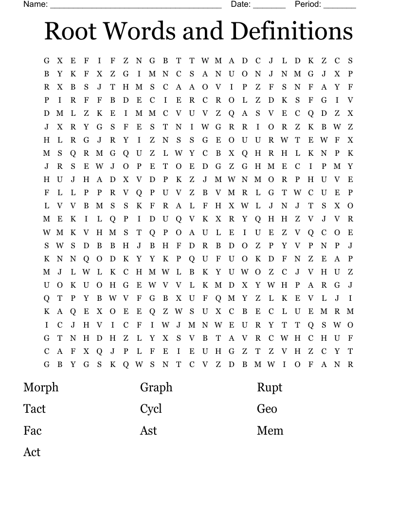 Root Words and Definitions Word Search
