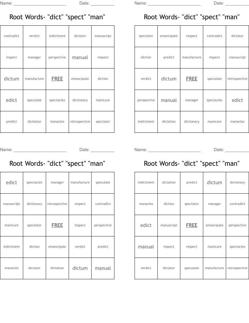 Root Words- "dict" "spect" "man" Bingo Cards