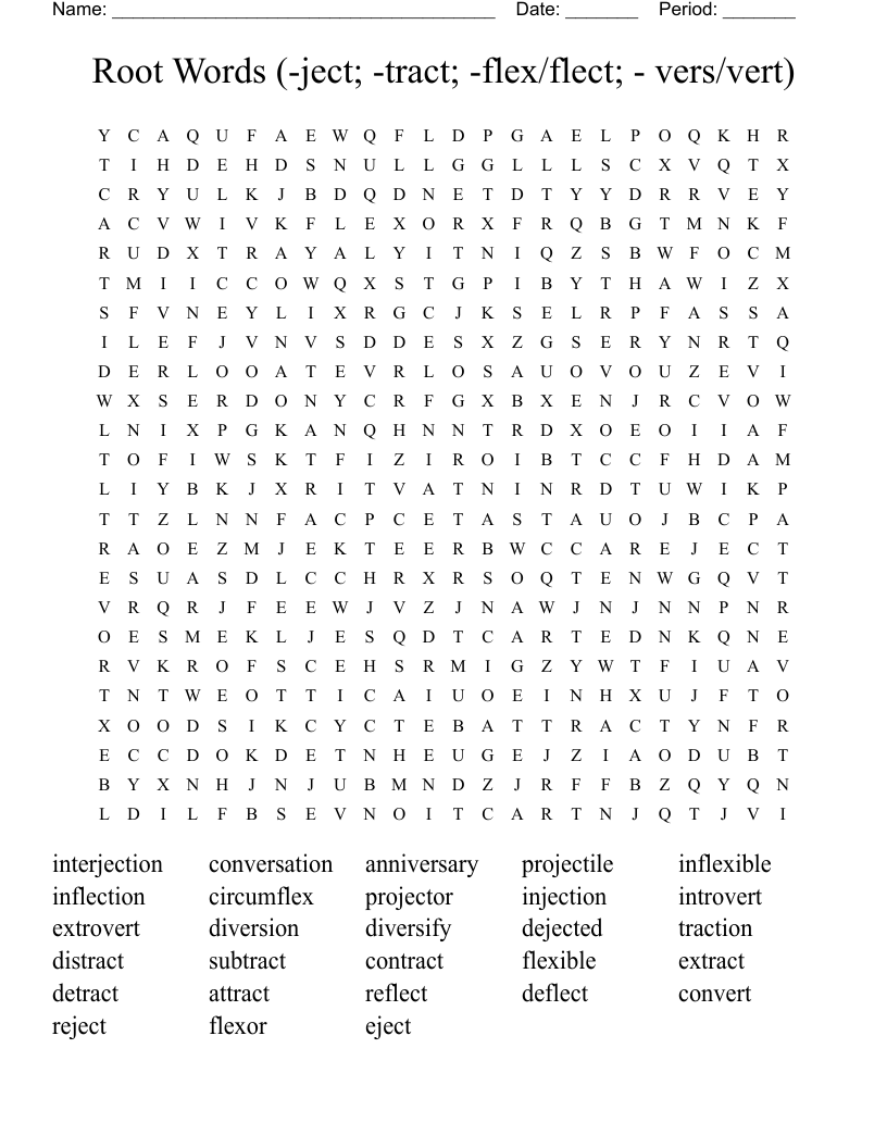 Root Words (-ject; -tract; -flex/flect; - vers/vert) Word Search