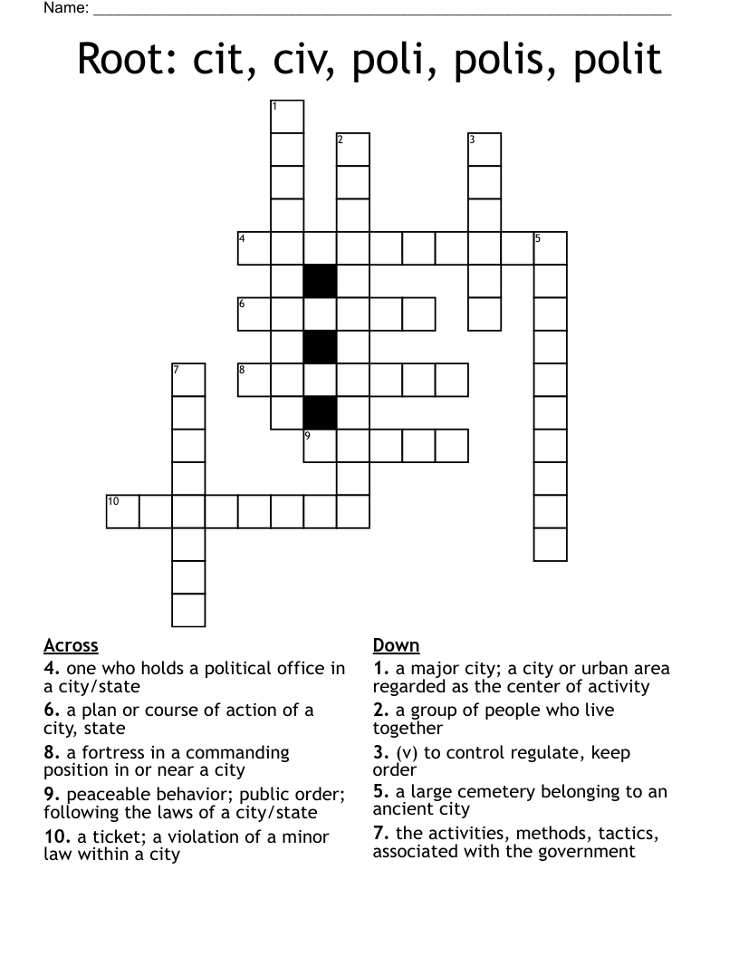Root: cit, civ, poli, polis, polit Crossword