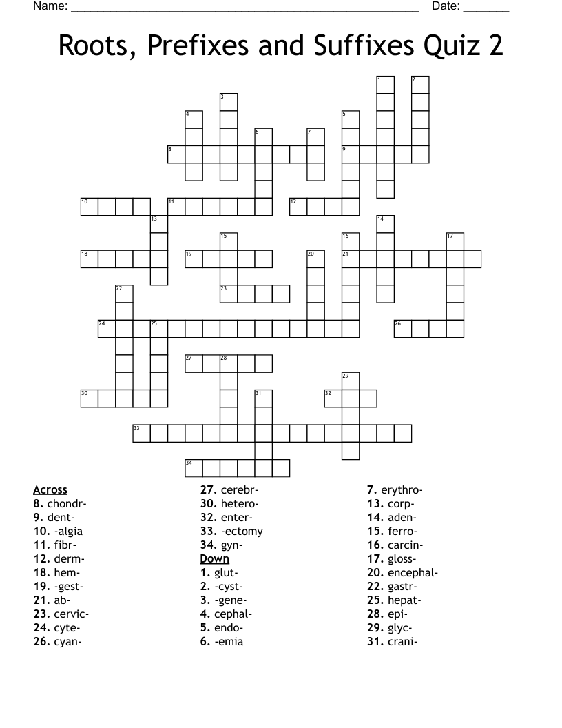 Roots, Prefixes and Suffixes Quiz 2 Crossword