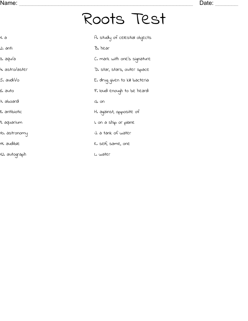Roots Test Worksheet