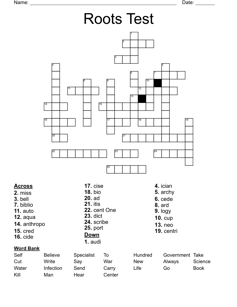 Roots Test Crossword