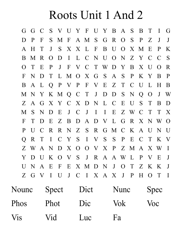 Roots Unit 1 And 2  Word Search