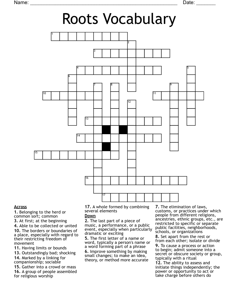 Roots Vocabulary Crossword