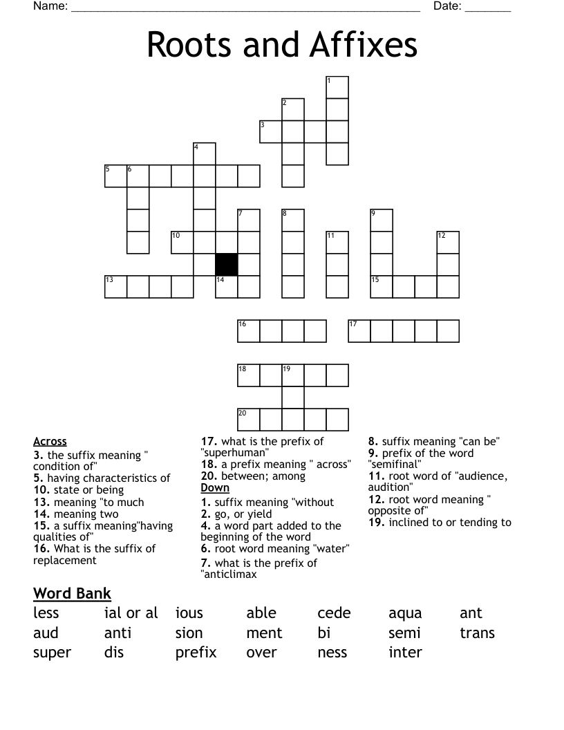 Roots and Affixes Crossword