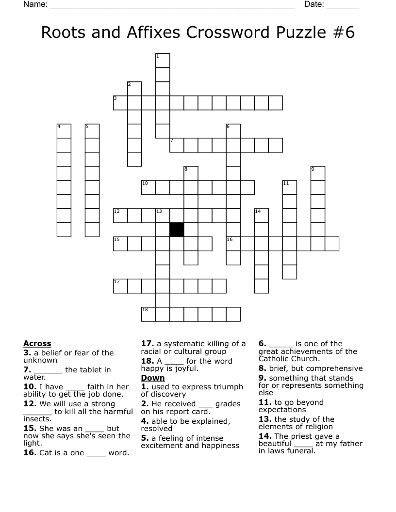 Roots and Affixes Crossword Puzzle #6