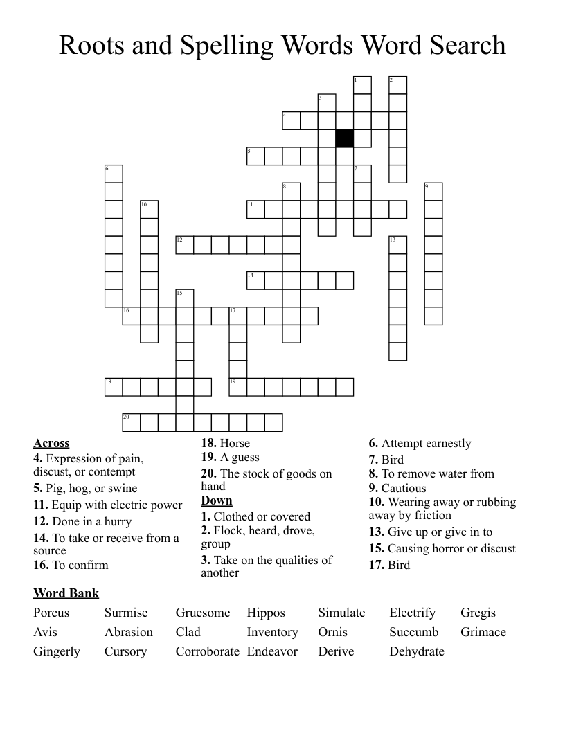 Roots and Spelling Words Word Search Crossword
