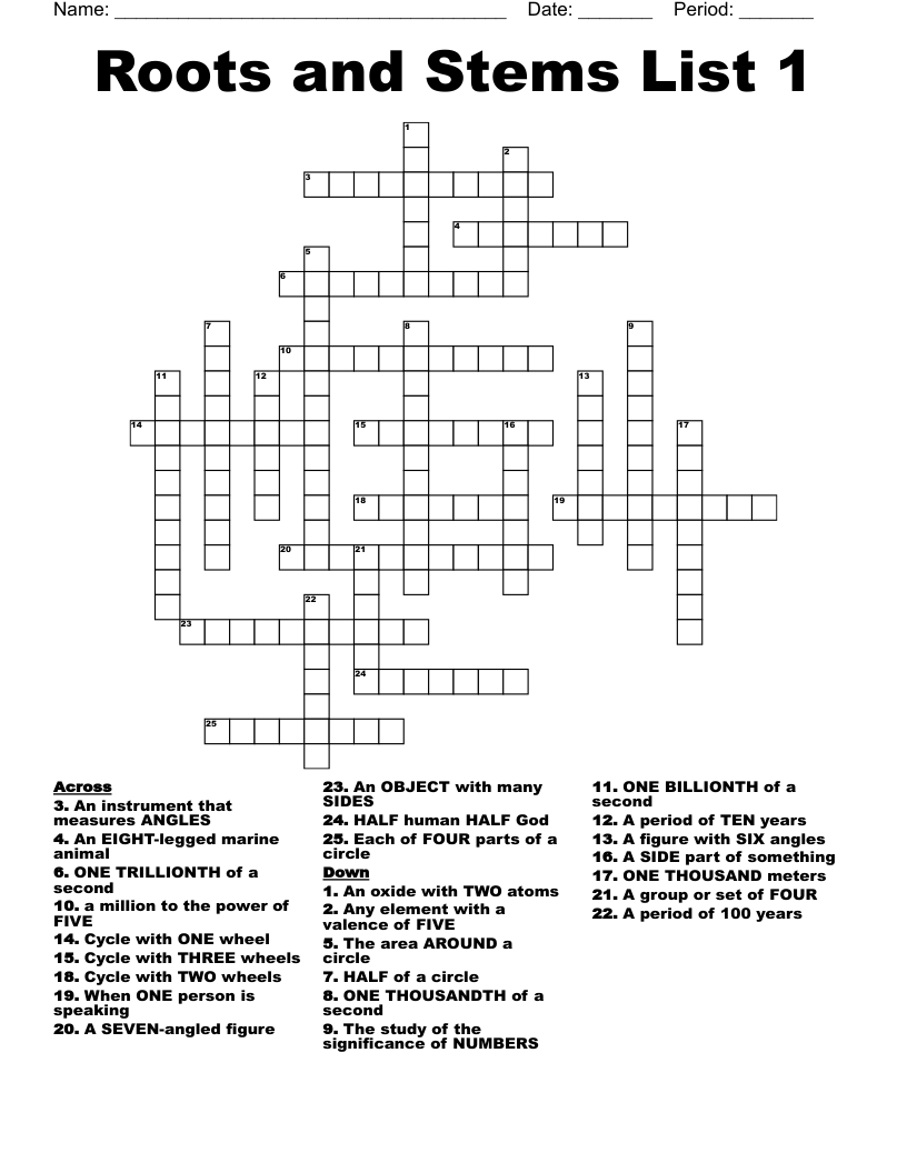 Roots and Stems List 1 Crossword