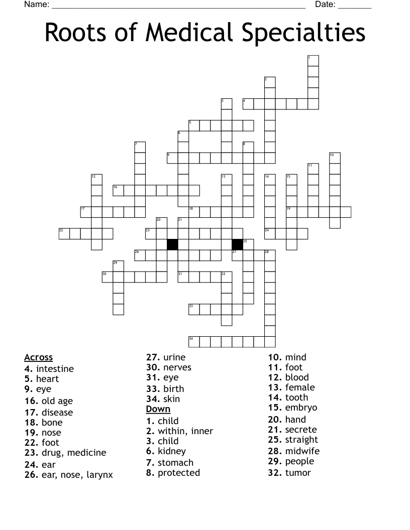 Roots of Medical Specialties Crossword