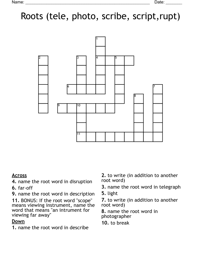 Roots (tele, photo, scribe, script,rupt) Crossword