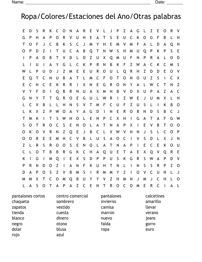 Ropa/Colores/Estaciones del Ano/Otras palabras Word Search