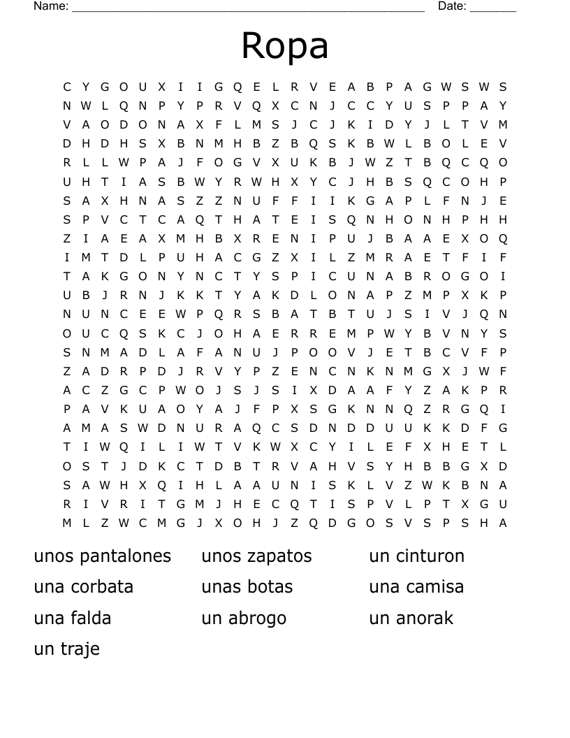 Ropa Word Search