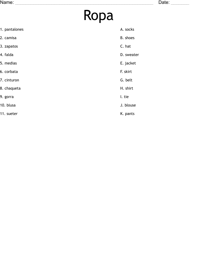 Ropa Worksheet